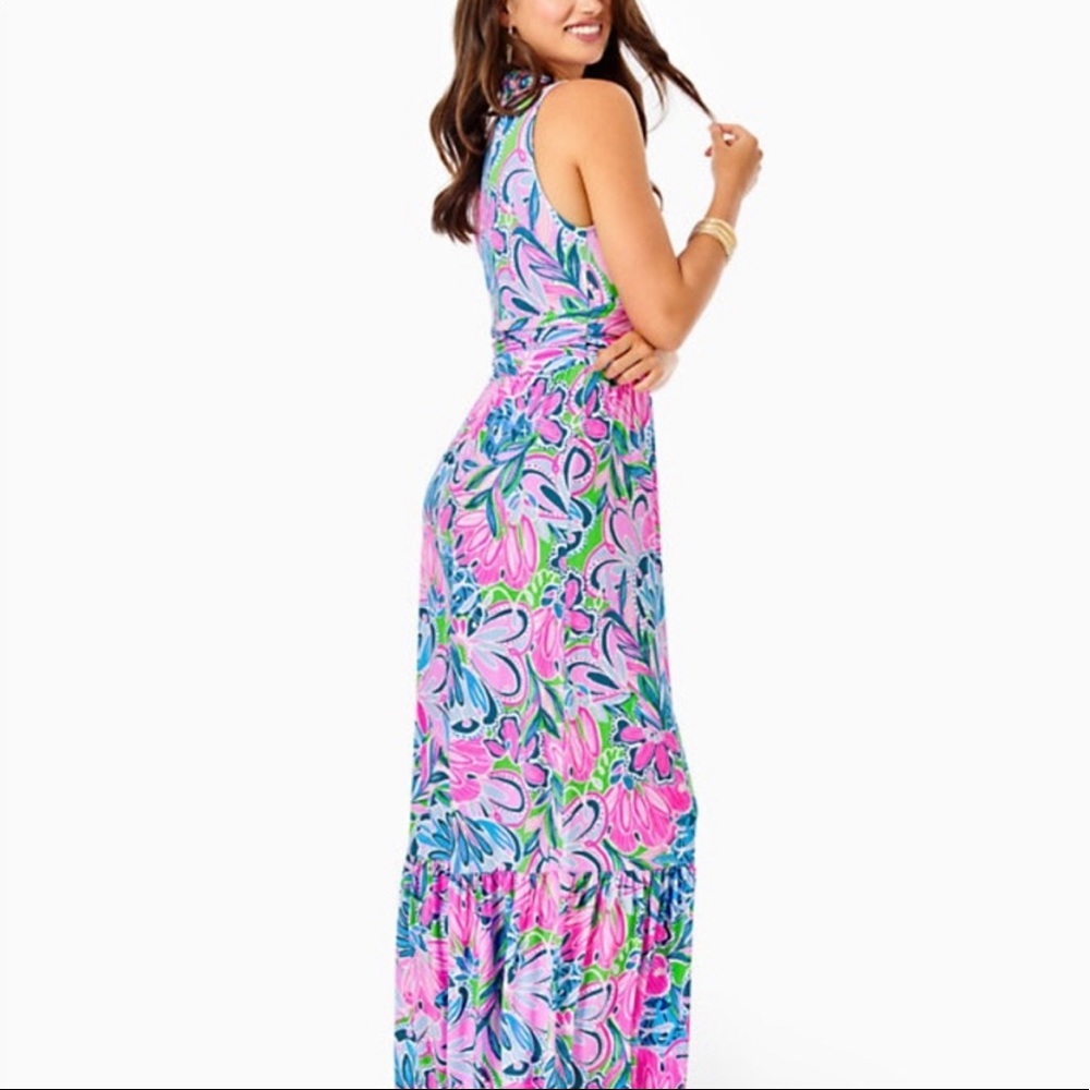 NWT MEDIUM Lilly Pulitzer Pearce Ruffle Maxi Dress in Gecko Green Tiger Sunrise